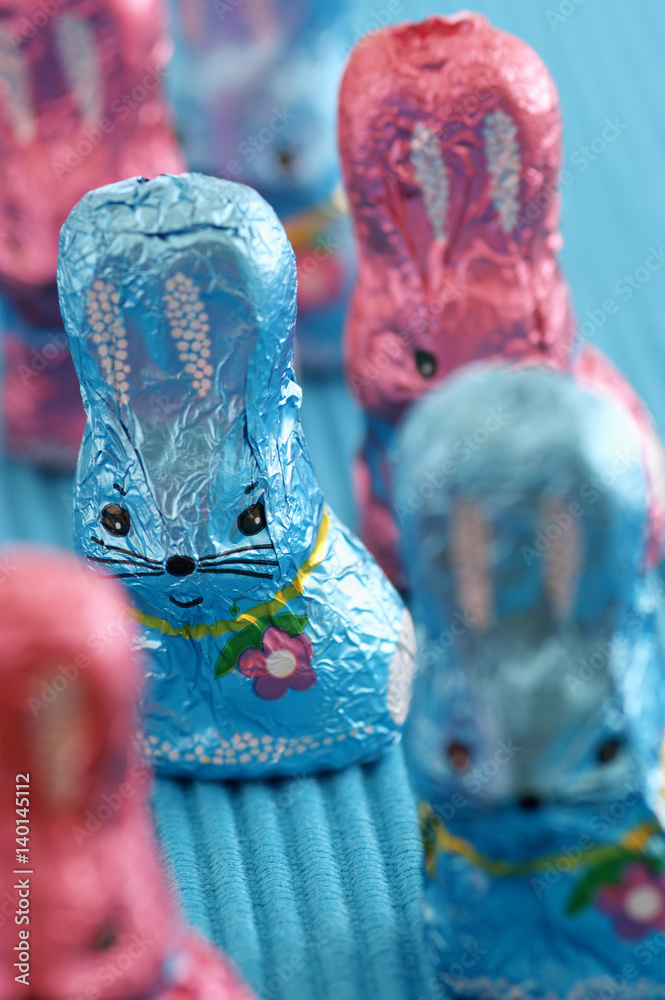 Naklejka Blue and pink chocolate Easter bunnies, close-up, selective focus