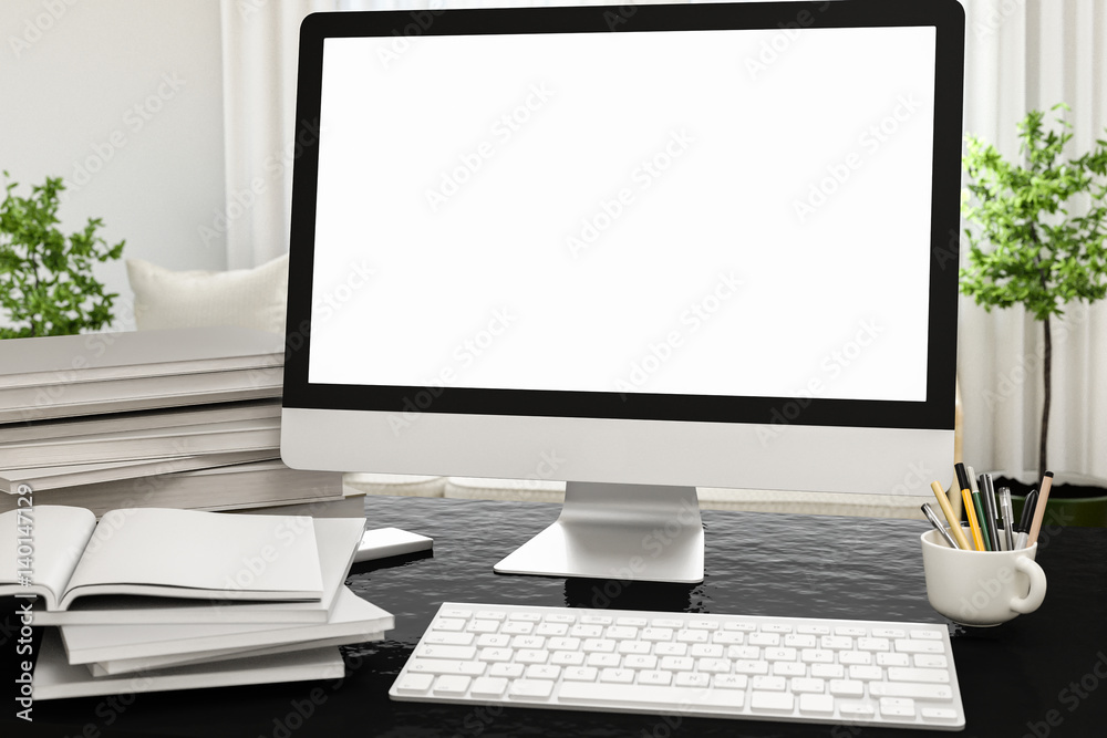 Front view of workpark with blank white computer screen, coffee cup, and book in home work. Mock up , 3D render Front view of workpark with blank white computer screen, coffee cup, and book in home work. Mock up , 3D render