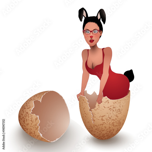 Easter Girl in Egg - Attractive bunny girl in the red dress comes from an egg