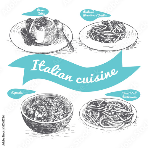 Monochrome vector illustration of Italian cuisine.