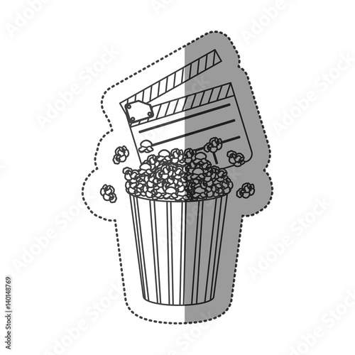 monochrome contour sticker with popcorn container and clapper board vector illustration