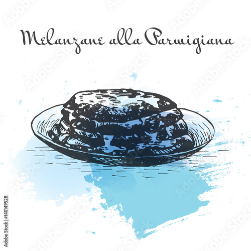 Melanzane alla Parmigiana watercolor effect illustration.