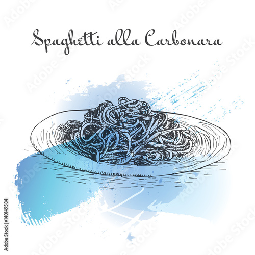 Spaghetti alla Carbonara watercolor effect illustration.