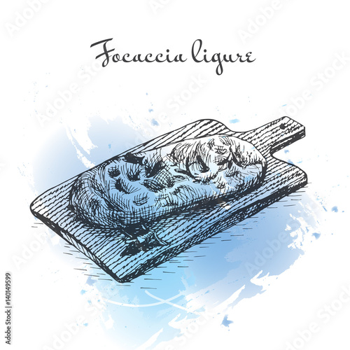 Focaccia ligure watercolor effect illustration.