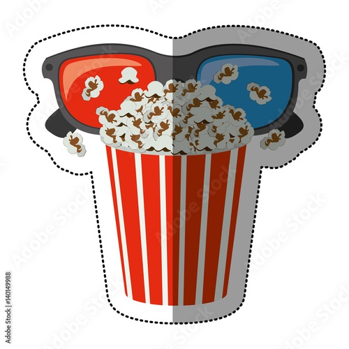 colorful sticker with popcorn cup and glasses 3D vector illustration