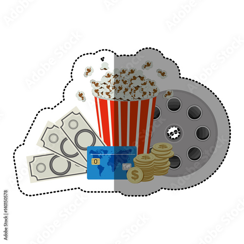 colorful sticker with popcorn cup and money and movie tickets and movie tape vector illustration