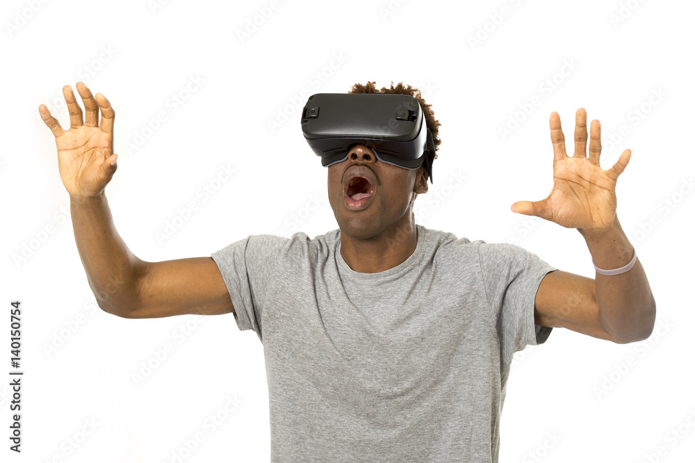 afro american man wearing virtual reality vr 360 vision goggles enjoying video game afro american man wearing virtual reality vr 360 vision goggles enjoying video game