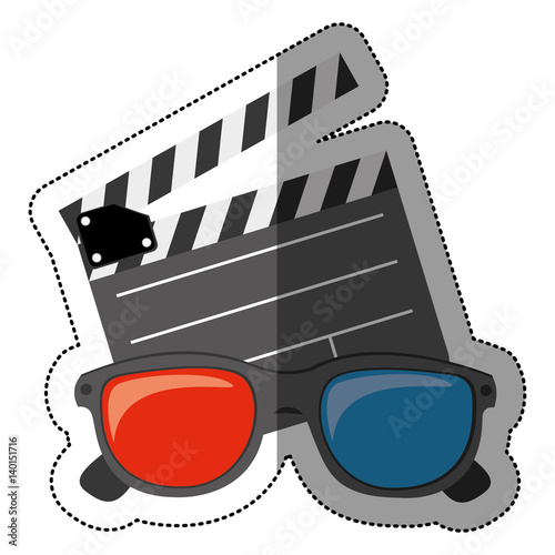 colorful sticker with clapperboard cinema and 3D cinema glasses vector illustration