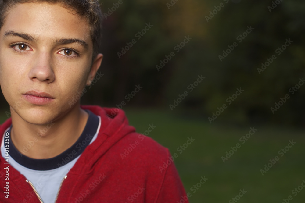 Teenage boy with brown hair in a park, close-up, selective focus Teenage boy with brown hair in a park, close-up, selective focus