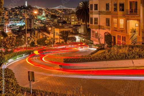 Lombard Street at Night - A night view of Lombard Street, the steepest and crookedest street, in Russian Hill neighborhood of San Francisco, California, USA.  photo