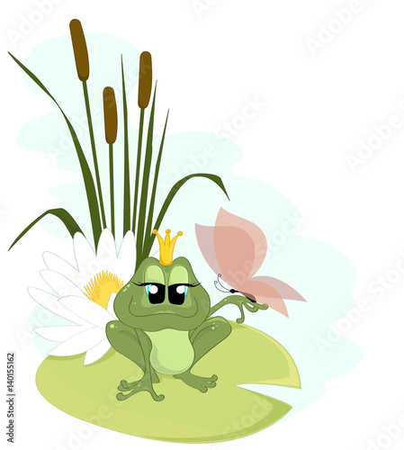 Fototapeta Naklejka Na Ścianę i Meble -  A cute cartoon frog Princess with a butterfly