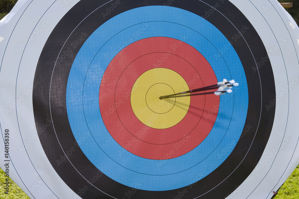 Arrows in centre of archery target, Munich, Bavaria, Germany Arrows in centre of archery target, Munich, Bavaria, Germany