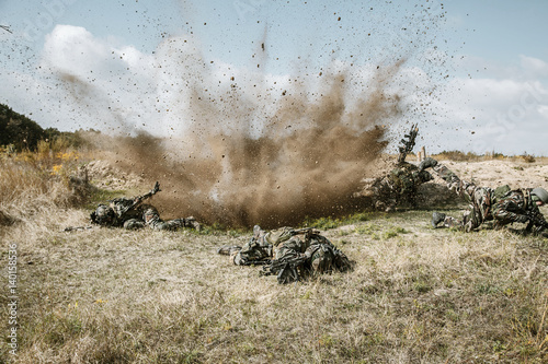 Squad of elite french paratroopers of 1st Marine Infantry Parachute Regiment RPIMA ambushed in action, landmine exploding, they are killed