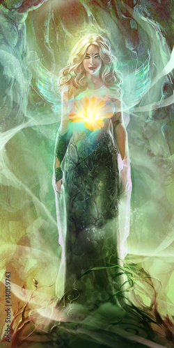 Digital illustration of a zodiac sign Virgo as abeautiful angel fairy woman with a glowing flower 