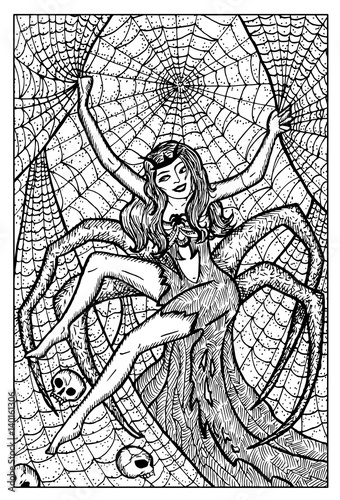 Arachne Spider Woman. Engraved fantasy illustration. See all collection in my portfolio
