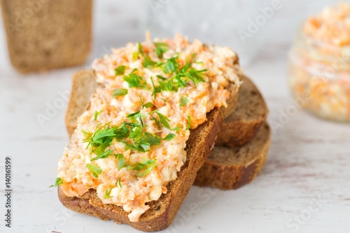 Slice of Bread with Smoked Salmon Dip, selective focus