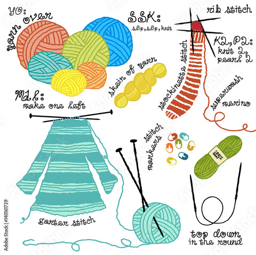 Knitter's Tools and Accessories, including balls of yarn, stitch markers and knitting needles