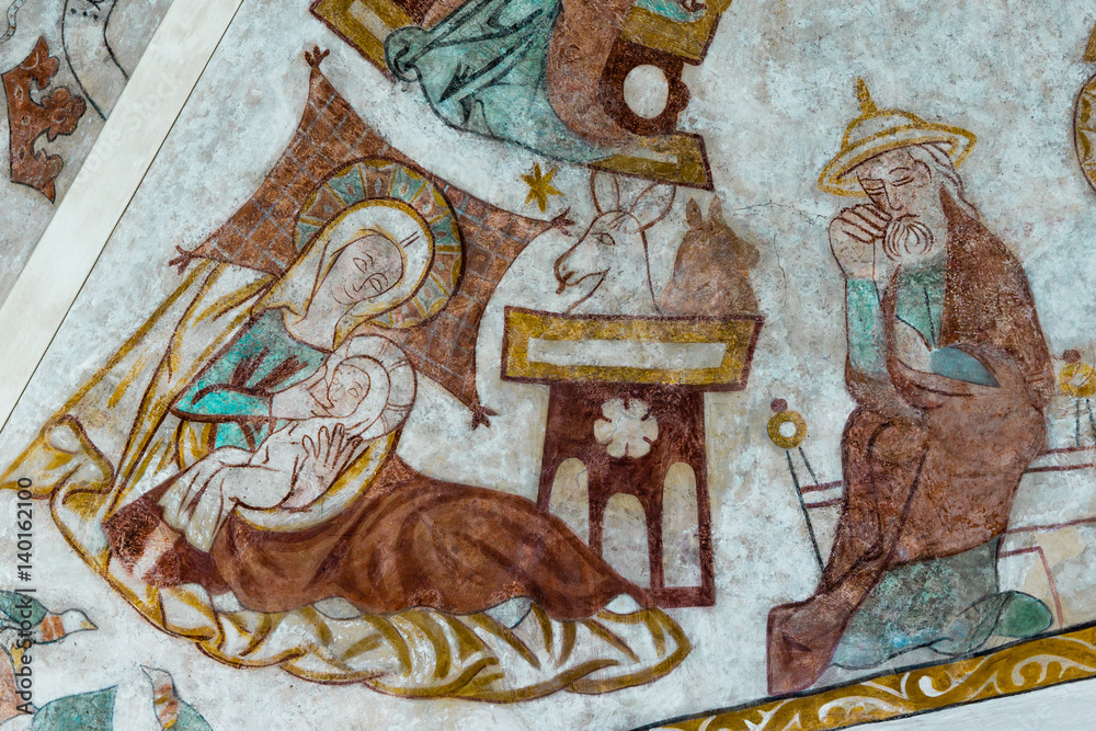 Obraz premium Christmas in the stable with Joesph and Mary, an old fresco painting