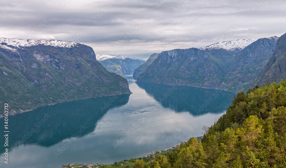 Aurland fjord from Stegastein lookout, Norway.