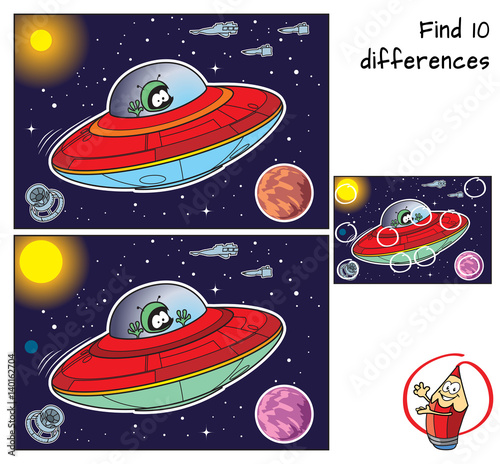 Red UFO with green alien. Find 10 differences. Educational game for children. Cartoon vector illustration.
