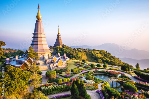 Doi Inthanon landmark twin pagodas at Inthanon mountain near Chiang Mai, Thailand. photo