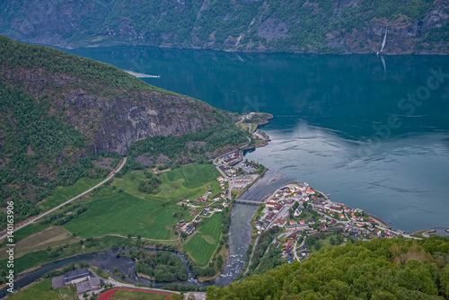 Aurland town from Stegastein lookout, Norway.