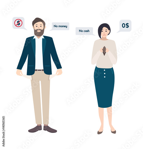 Businessman man and woman has no money, bankrupt. empty pockets concept. Characters in flat style.