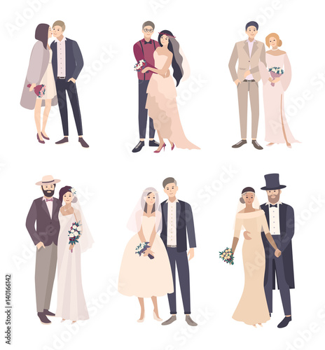 Beautiful and fashionable wedding couple bride and groom. set of vector cartoon illustration isolated on white background.