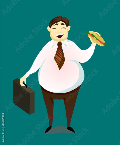 Happy laughing bold business man eating a sandwich. Cartoon characters, vector illustration.