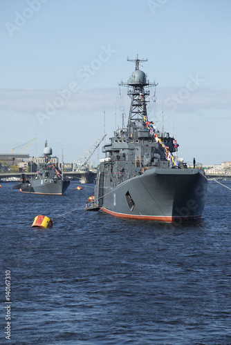 Large landing ship on the Neva river at the festival in honor of Victory day. Saint Petersburg