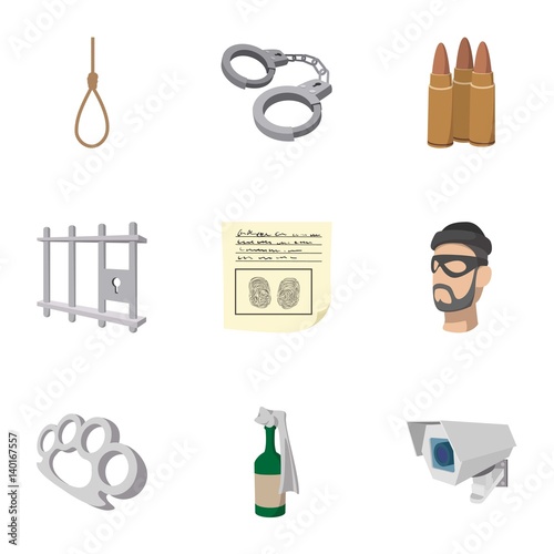Crime icons set, cartoon style