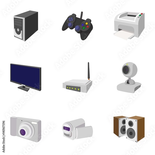 Electronic appliance icons set, cartoon style