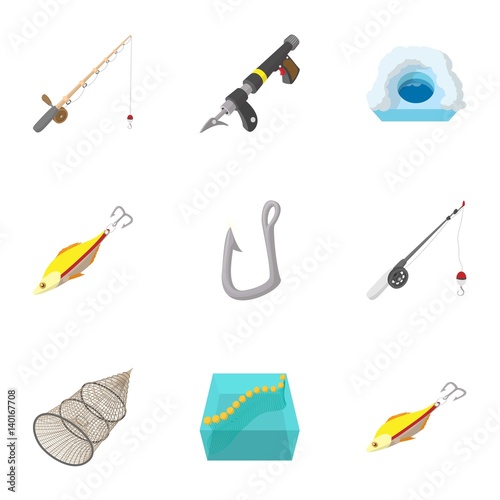Fishing sport icons set, cartoon style