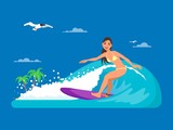 Girl riding on ocean wave, vector illustration in flat style