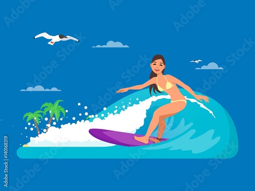 Girl riding on ocean wave  vector illustration in flat style