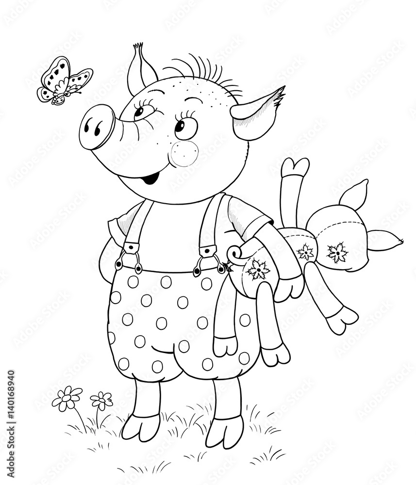 Three little pigs. Fairy tale. A cute pig with his toy. Illustration for children. Coloring page