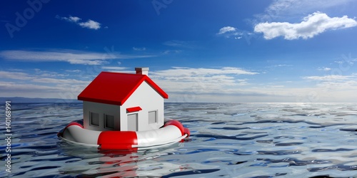 Lifebuoy and a small house on blue sea background. 3d illustration