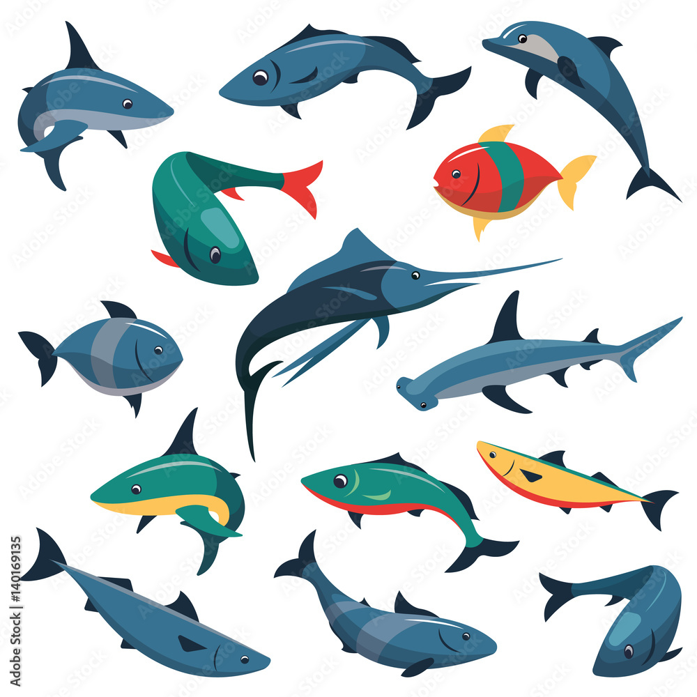 Vector set of fish icons in flat style