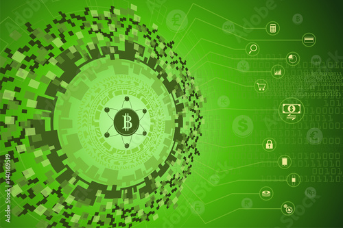 Fintech. Financial Technology concept. Futuristic technology graphic with bitcoin or digital money linking to gadgets icon and international currency coin floating on background.