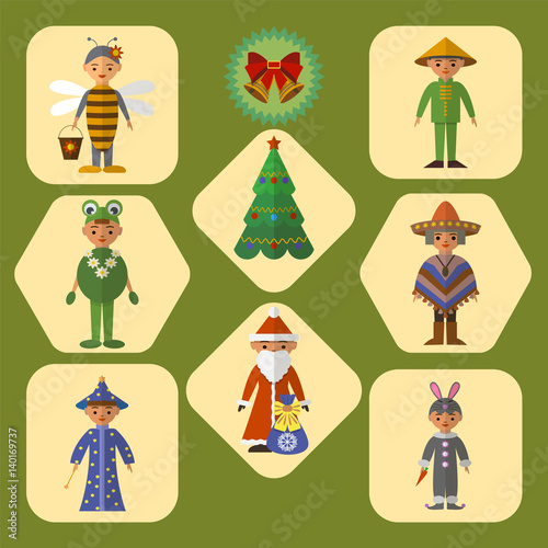 Vector set of cute kids in masquerade costumes, flat design
