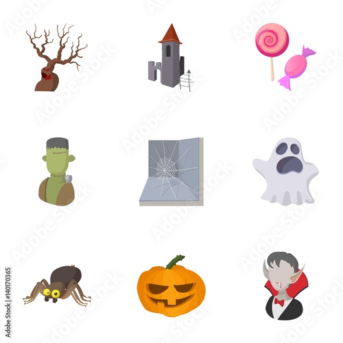 All hallows evening icons set, cartoon style