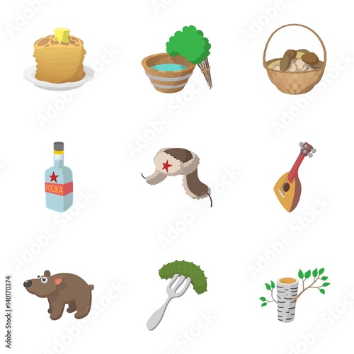 Tourism in Russia icons set, cartoon style