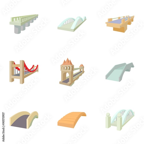 Types of bridges icons set, cartoon style