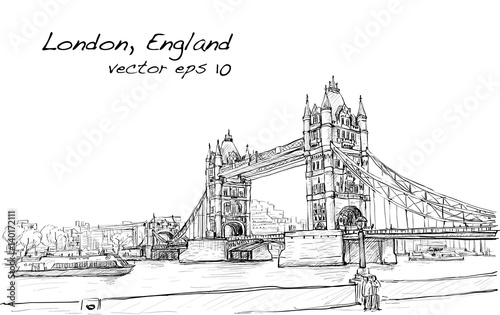 cityscape drawing sketch Tower Bridge, London, England, illustration vector