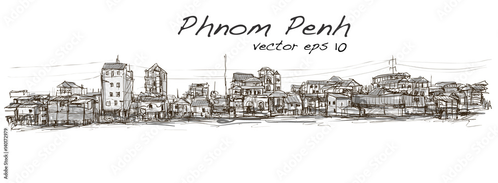 sketch of townscape in Phnom Penh slum, free hand draw illustration vector