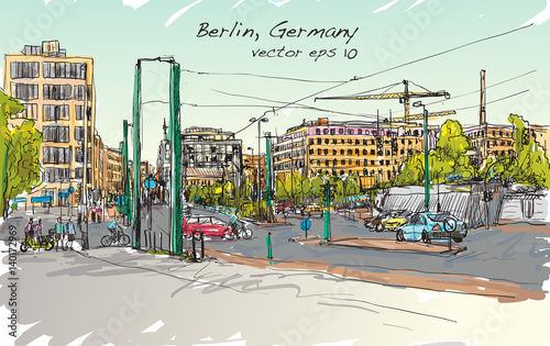 sketch city scape of Berlin street with building and peoples walk along the road, free hand draw illustration vector