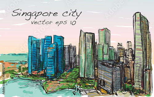 Sketch cityscape of Singapore building skyline, free hand draw illustration vector