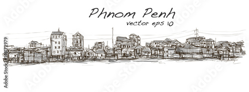 Tableau sur toile sketch of townscape in Phnom Penh slum, free hand draw illustration vector