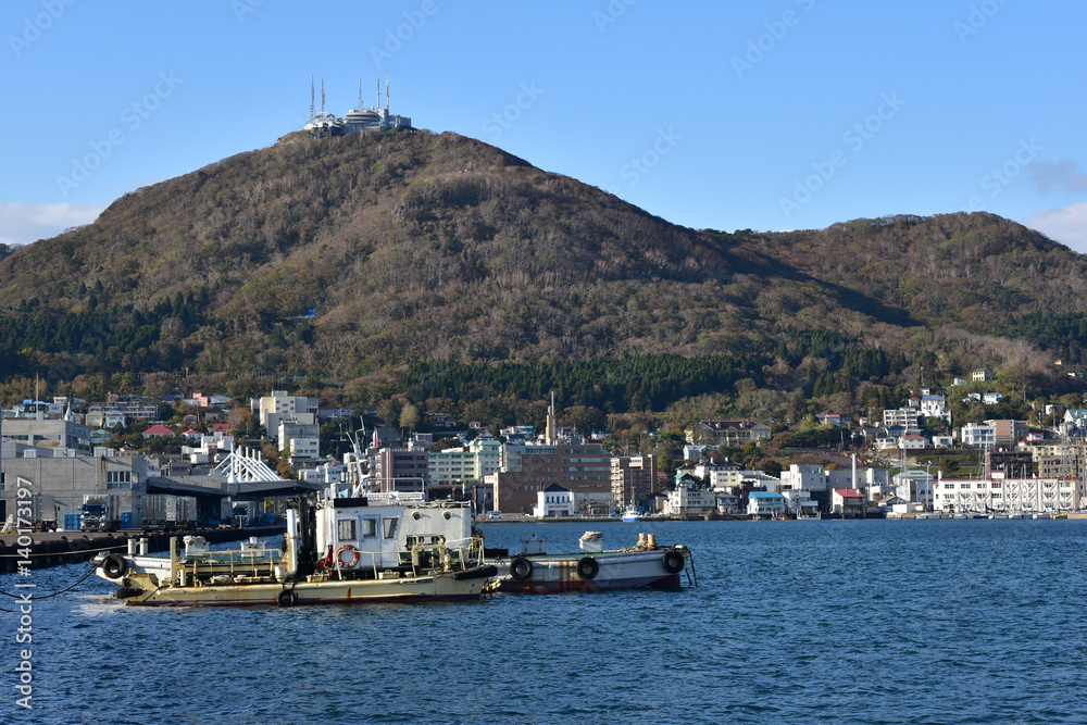 函館港の漁船と函館山