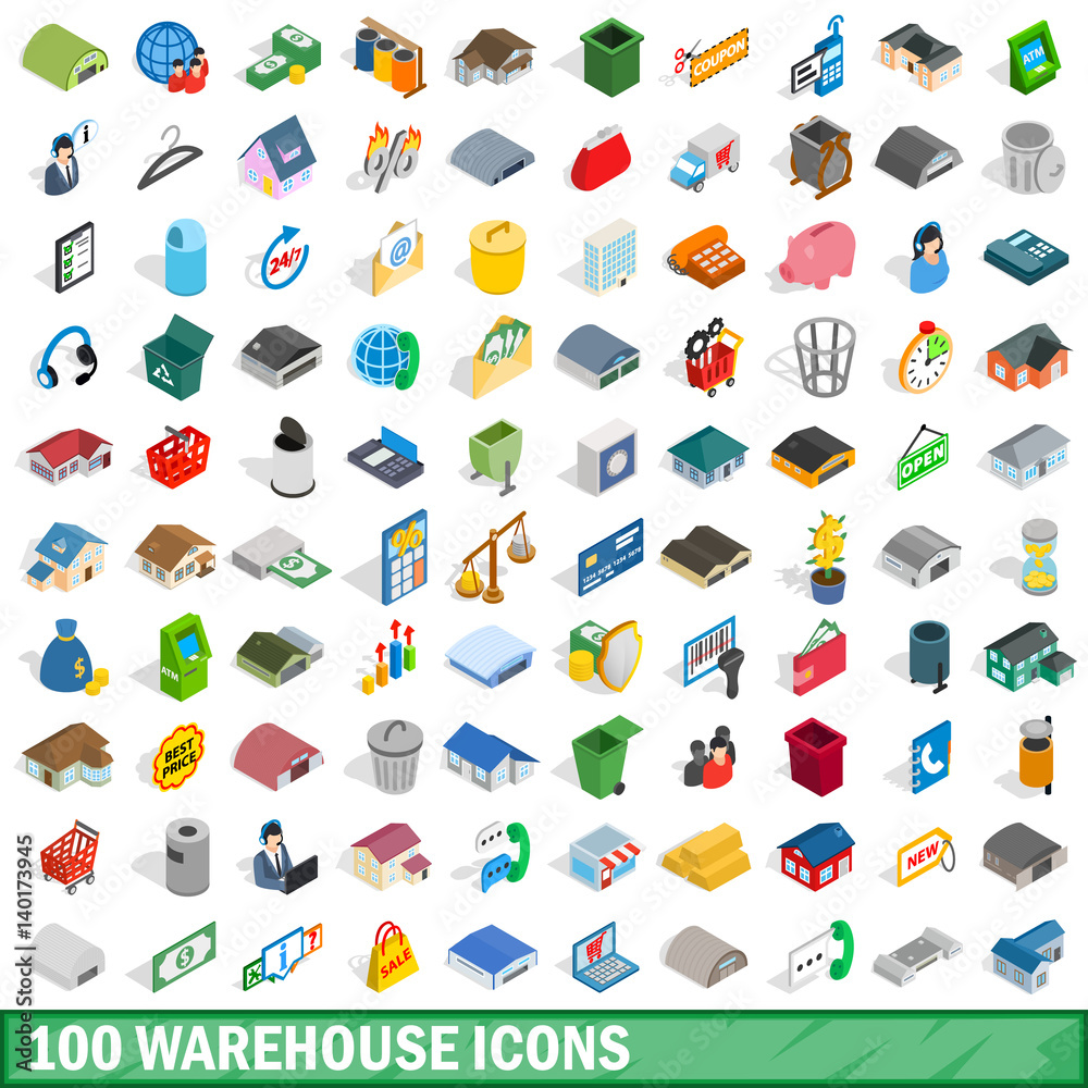 100 warehouse icons set, isometric 3d style